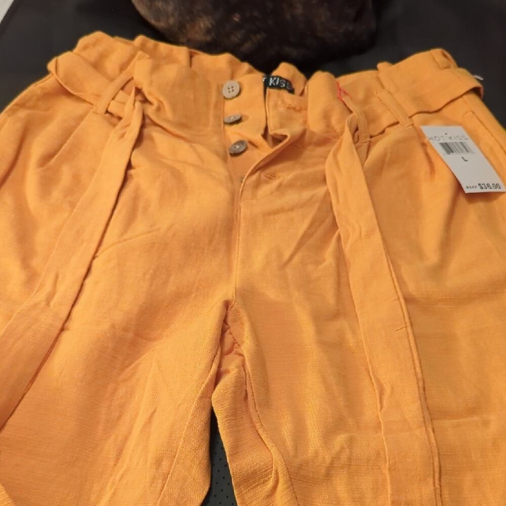 Hot‎ Kiss Orange High Waisted Paperbag Pants Cotton Button Front NWT Size L